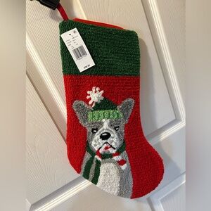 Dillards Hook Rug Red & Green Gray Dog w/Hat & Candy Cane Christmas Stocking NWT